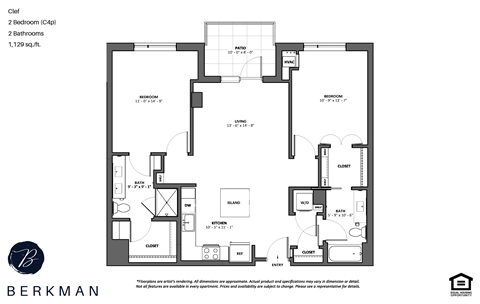 Floor plan for 2 beds, 2 baths, 1129 sqft